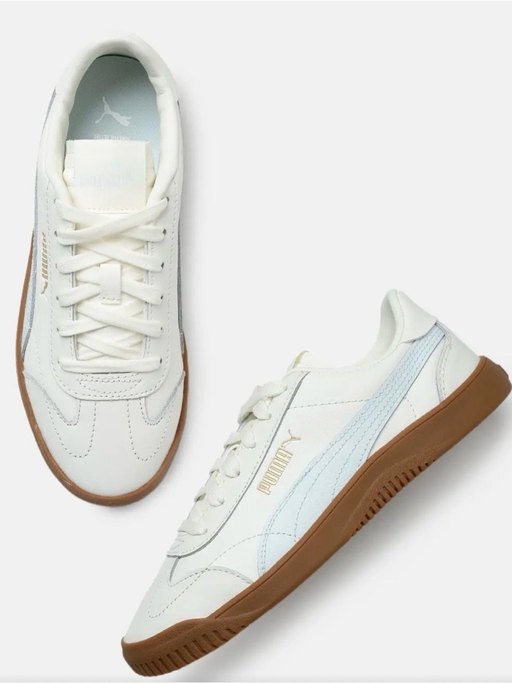 Puma Women's White Sneakers with Light Blue Stripe and Brown Gum Sole